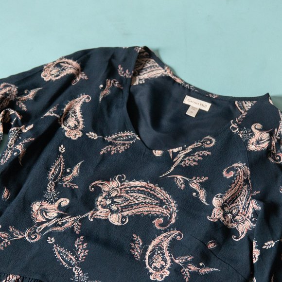 Garnet Hill Navy Blue Bohemian Pocket 3/4 Sleeve Pink Paisley Print Dress Sz 2 - Picture 3 of 9